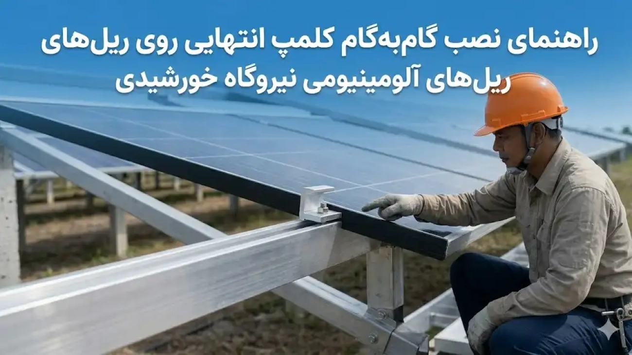 نحوه نصب گام به گام کلمپ انتهایی روی ریل‌های آلومینیومی نیروگاه خورشیدی