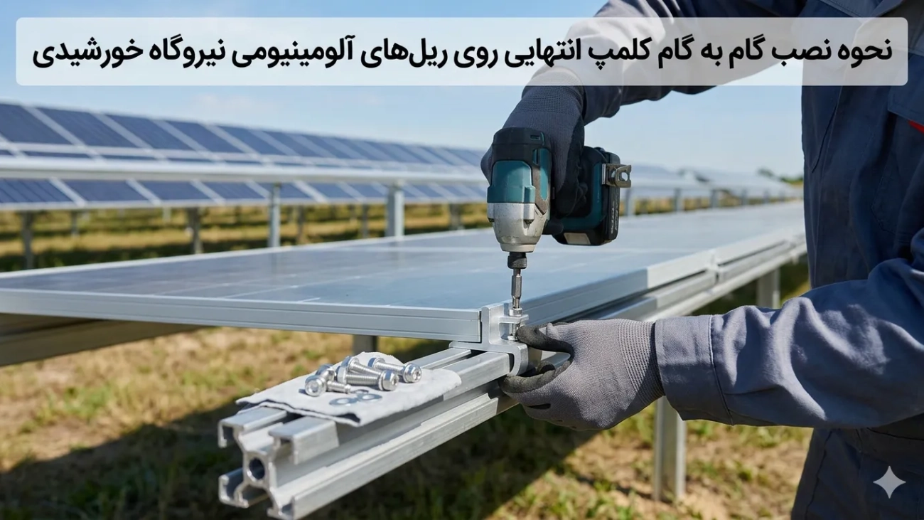 نصب کلمپ انتهایی روی ریل آلومینیومی پنل خورشیدی