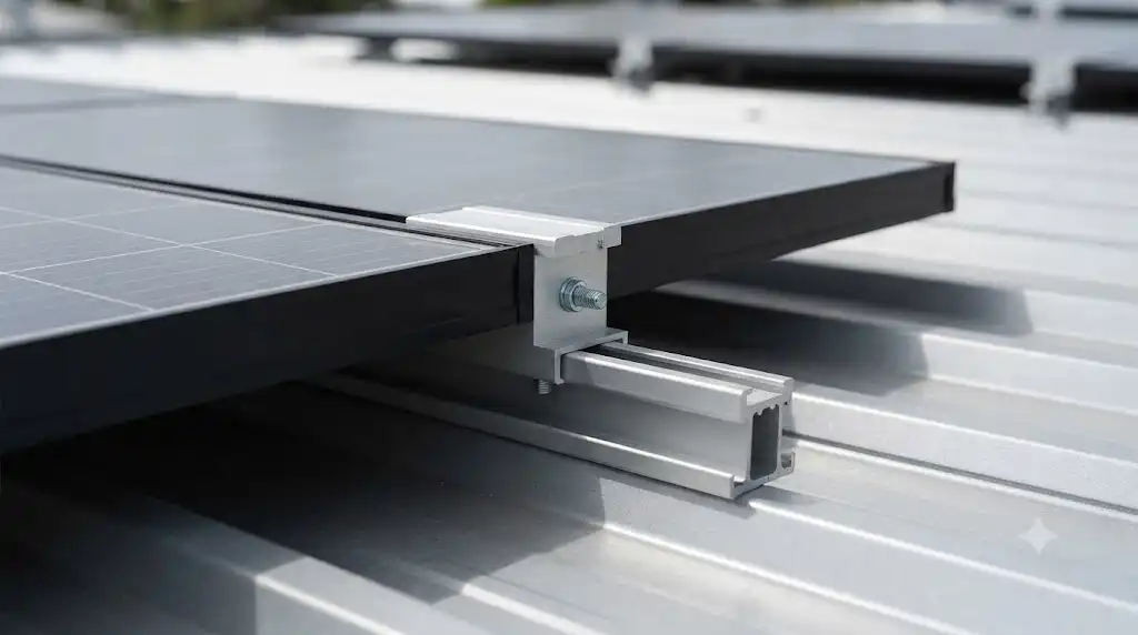 نمای نزدیک از کلمپ میانی سازگار با سیستم Mini-rail در نصب پنل خورشیدی