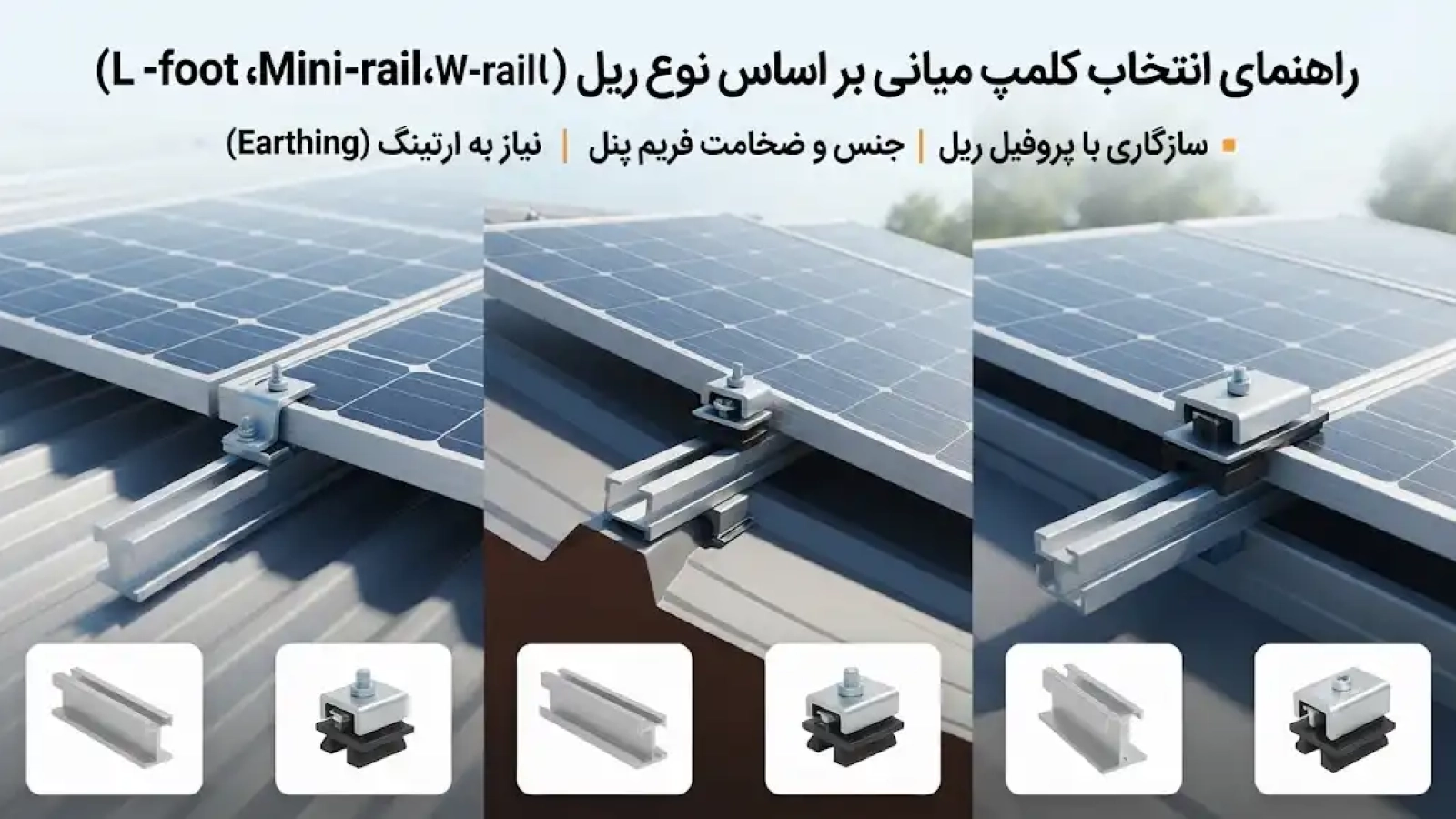 راهنمای انتخاب کلمپ میانی بر اساس نوع ریل (L-foot، Mini-rail، W-rail)